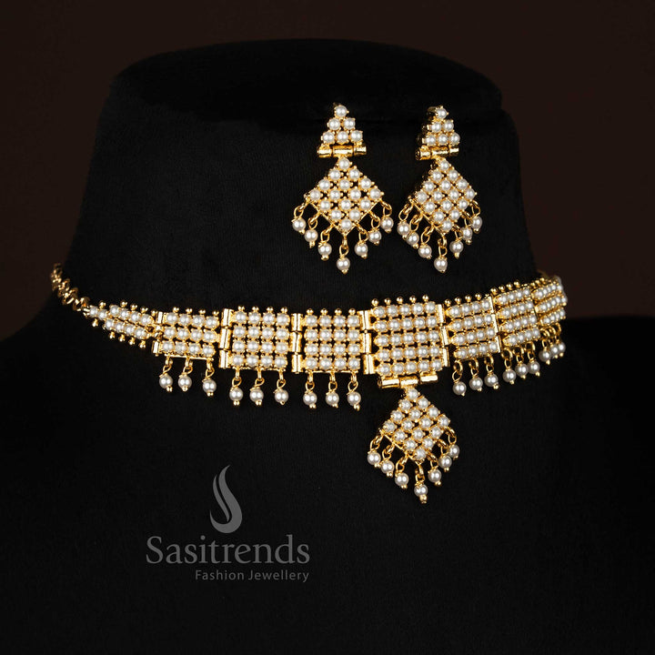 Elegant American Diamond Micro Gold Plated Square-Cut Pearl Necklace Set for Party Gatherings