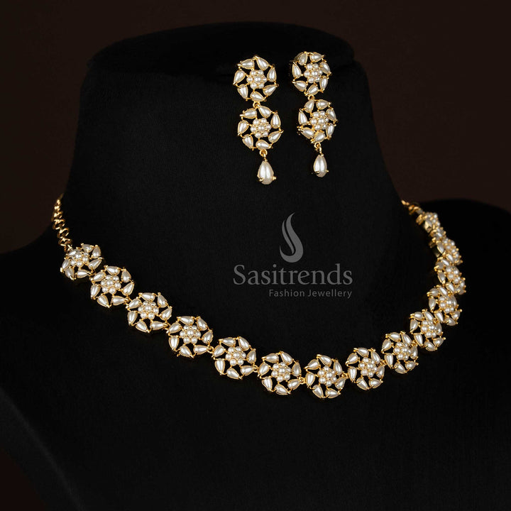 American Diamond Micro Gold Plated Circular Teardrop Floral Pearl Necklace Set for Party Styling & Evening Wear
