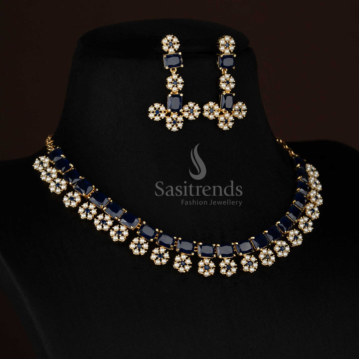 Gorgeous American Diamond 24K Micro Gold Plated Rectangle Floral Pearl Necklace Set for Cultural Events