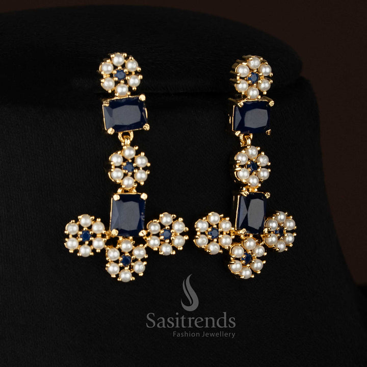 Radiant pearl-blue American Diamond rectangle floral pearl earrings featuring 24K micro gold plating perfect for weddings and traditional events - Sasitrends