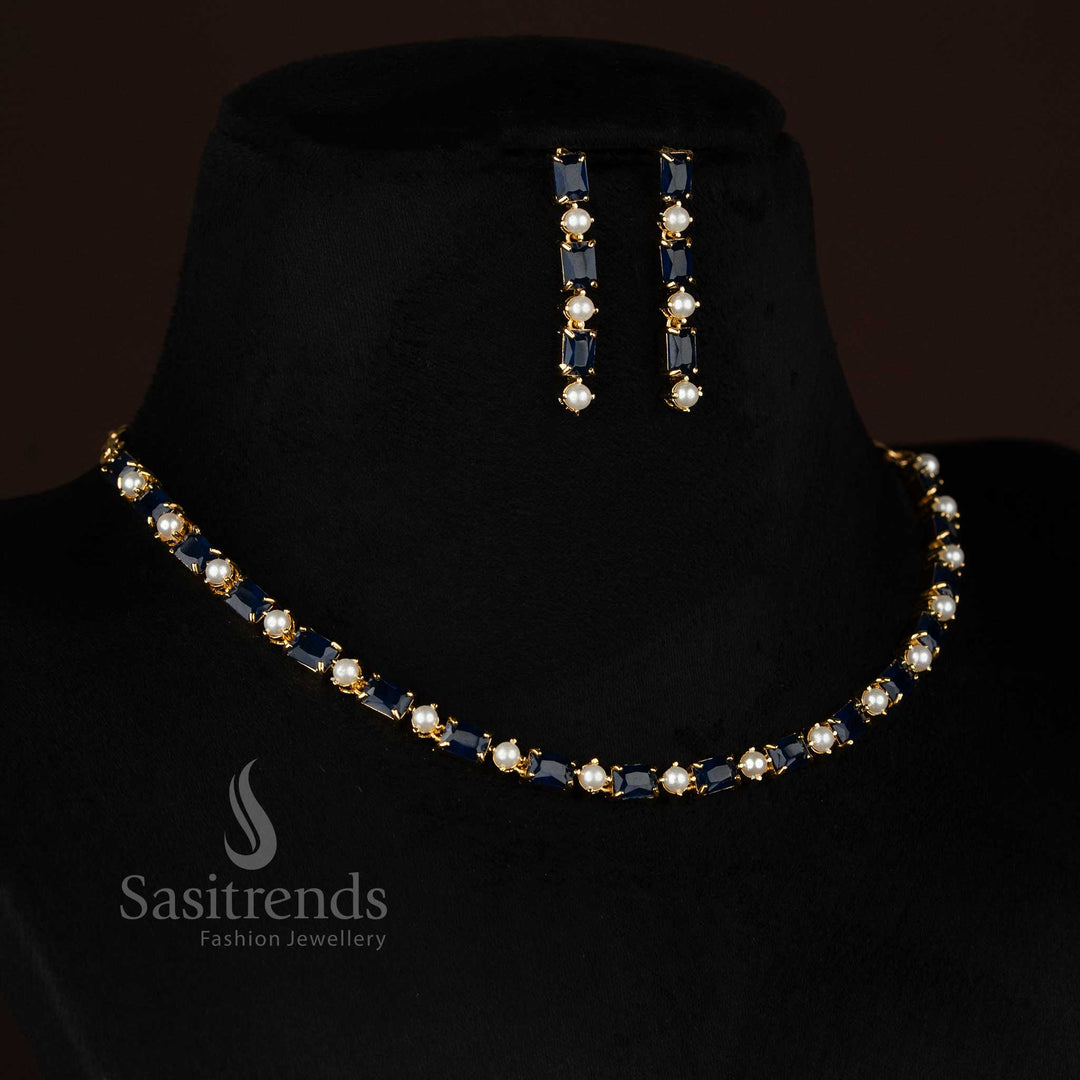 Pearl blue OceanLine American diamond micro gold plated rectangle stone and pearl link necklace set styled for chic party nights and modern elegance - Sasitrends