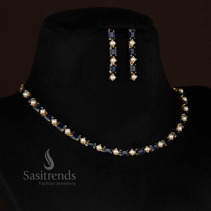 Pearl blue OceanLine American diamond micro gold plated rectangle stone and pearl link necklace set styled for chic party nights and modern elegance - Sasitrends