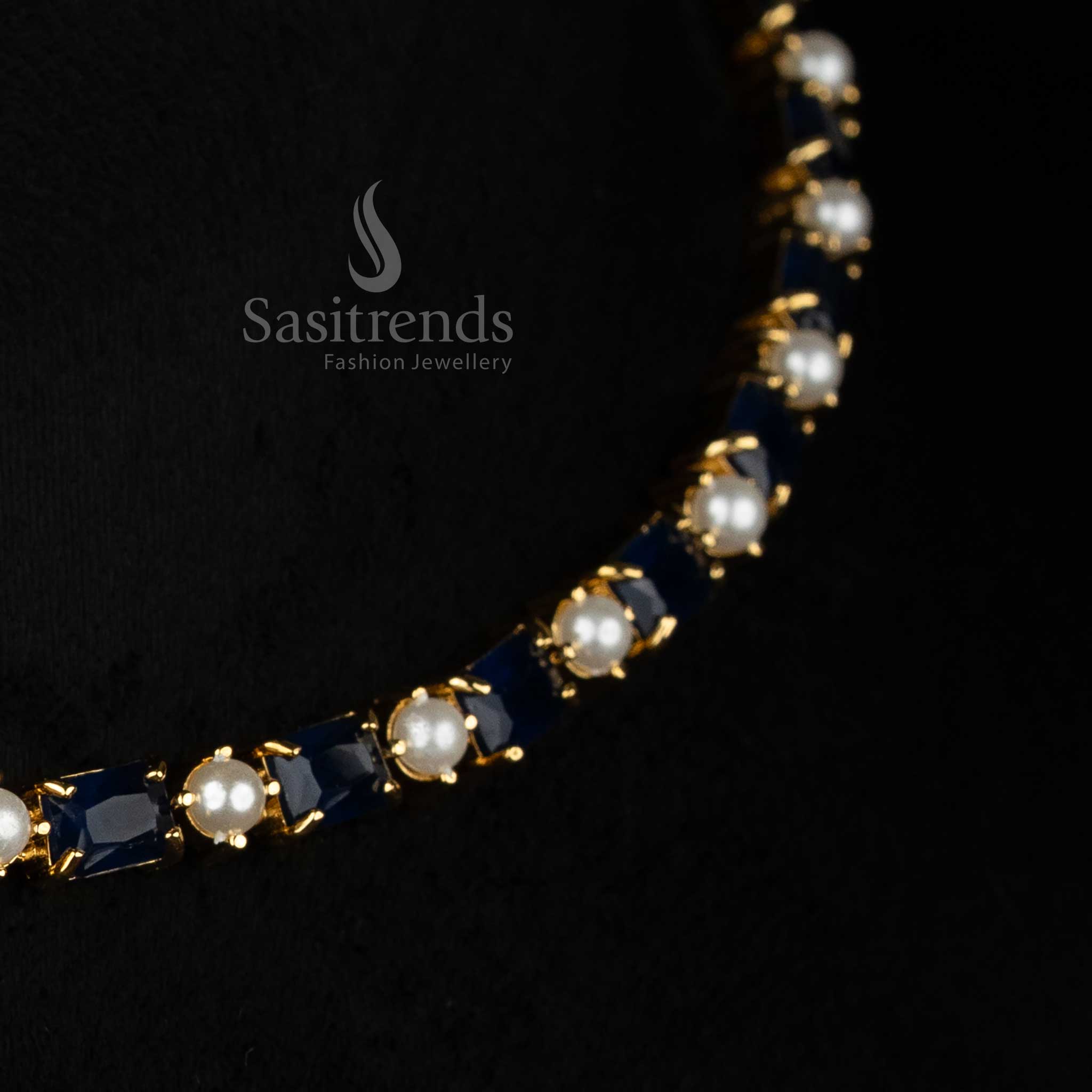 Pearl blue CoastalMatrix American diamond micro gold plated stone and pearl chain necklace set curated for elegant gatherings and premium night wear - Sasitrends