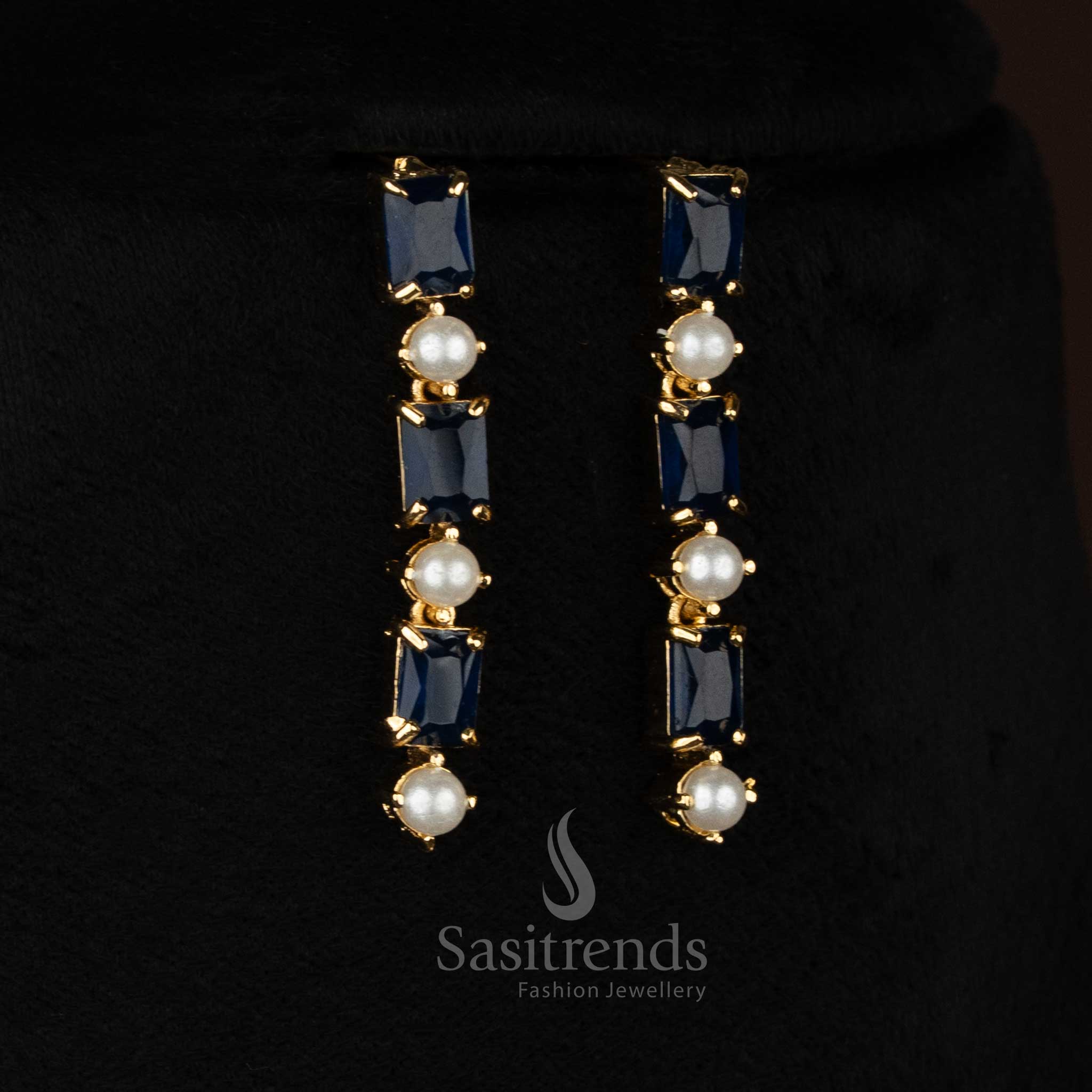Pearl blue SapphireWhisper American diamond micro gold plated stonework drop earrings ideal for party wear and graceful night styling - Sasitrends