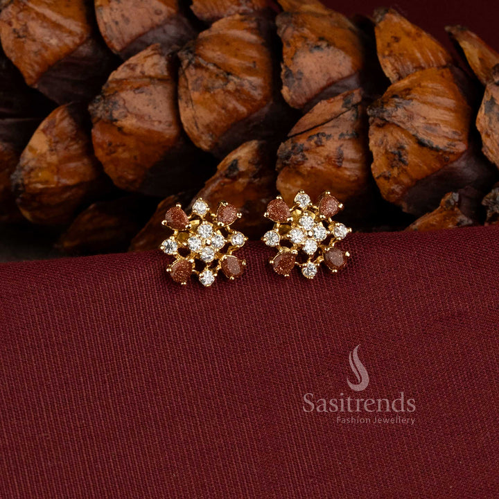 Micro gold plated starburst floral pearl AD stone teardrop stud earrings for festive engagement styling – Sasitrends