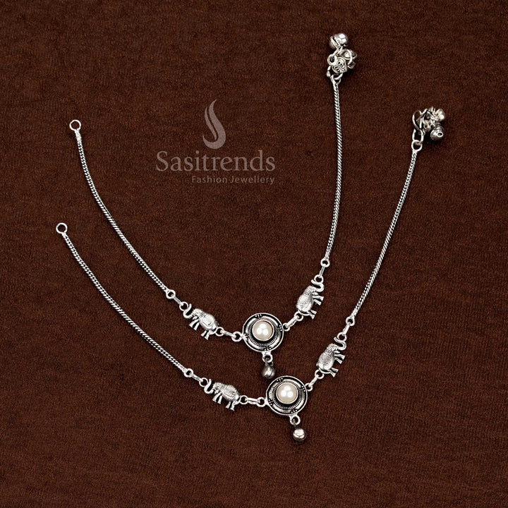 Opulent pearl oxidised Monalisa stone elephant anklets with decorative circular patterns for festive and cultural celebrations – Sasitrends