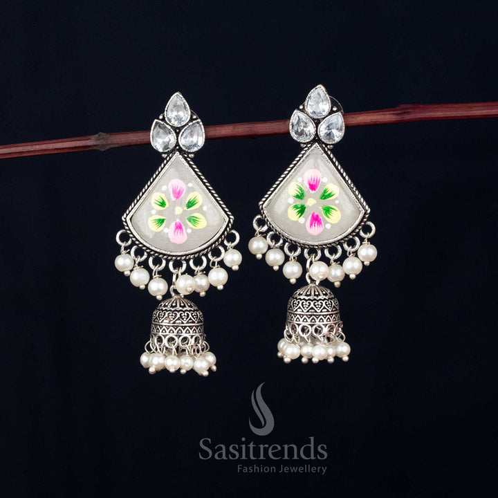 Snowbloom oxidised white Monalisa stone triangular jhumka earrings featuring pearl drops for elegant celebration wear – Sasitrends