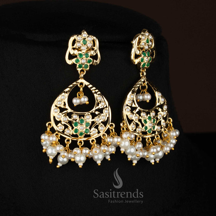 Pearl green HeritageLoom Punjabi jadau gold plated pearl dangle earrings suited for cultural festivities and elegant functions - Sasitrends