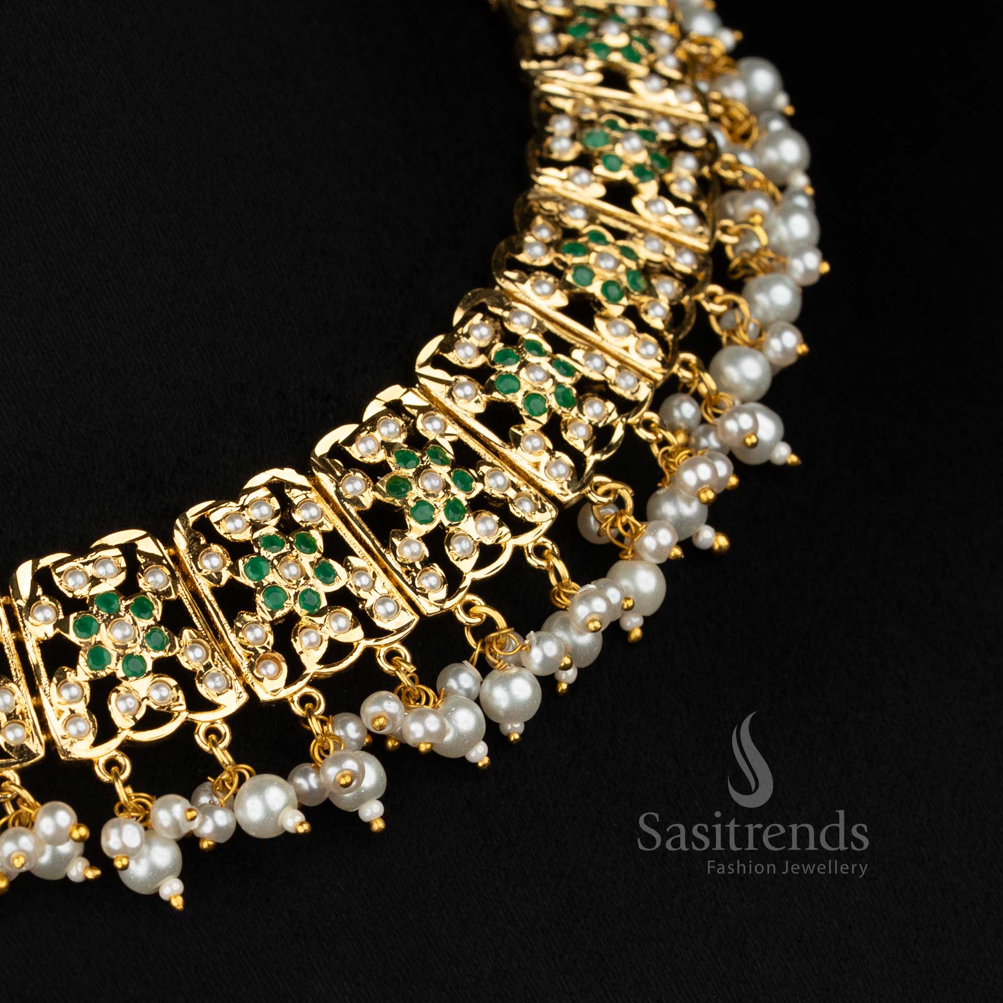 Pearl green VintageFlora Punjabi jadau gold plated pearl necklace set curated for cultural events and festive celebration styling - Sasitrends