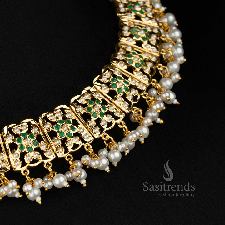 Pearl green VintageFlora Punjabi jadau gold plated pearl necklace set curated for cultural events and festive celebration styling - Sasitrends