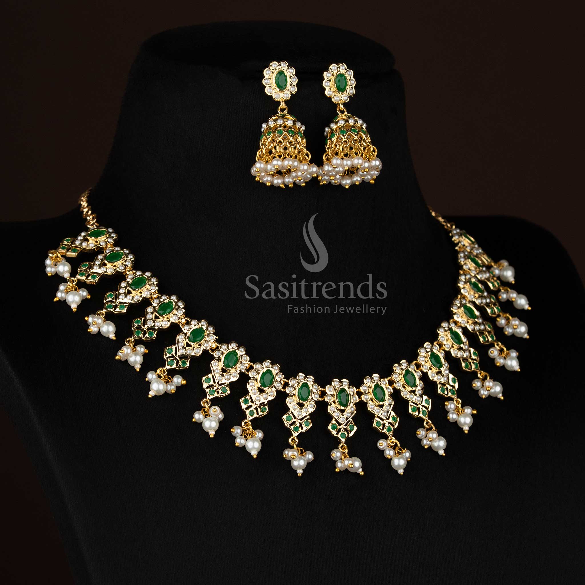 Pearl green RoyalFringe Punjabi jadau gold plated oval pearl necklace set designed for traditional ceremonies and elegant festive wear - Sasitrends