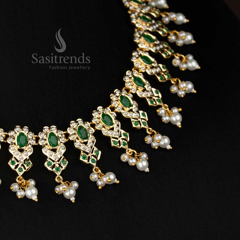 Pearl green EmeraldGrace Punjabi jadau gold plated oval fringe necklace set curated for wedding rituals and premium cultural occasions - Sasitrends