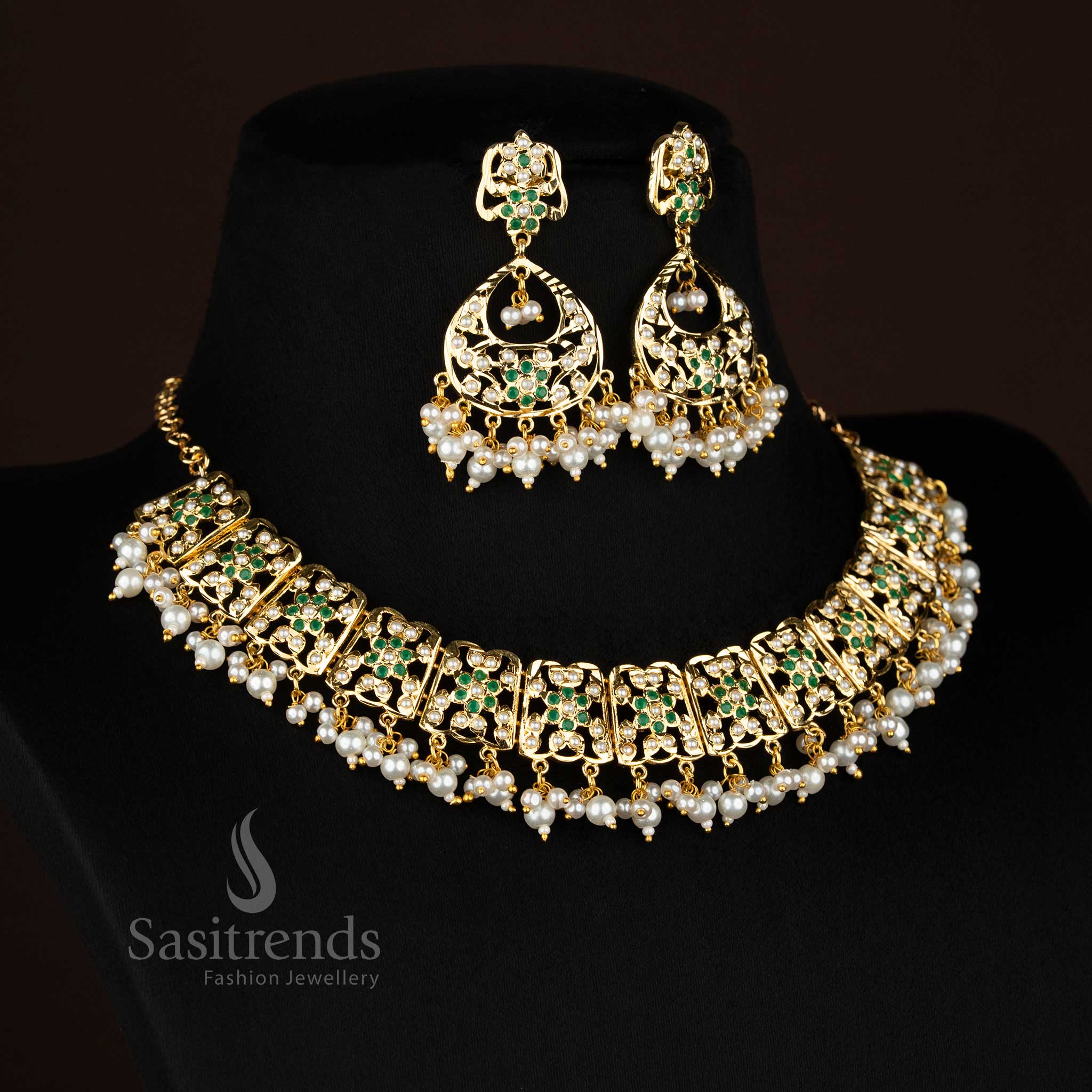 Pearl green EmeraldPetal Punjabi jadau gold plated flower necklace set designed for joyful festivities and traditional wear occasions - Sasitrends