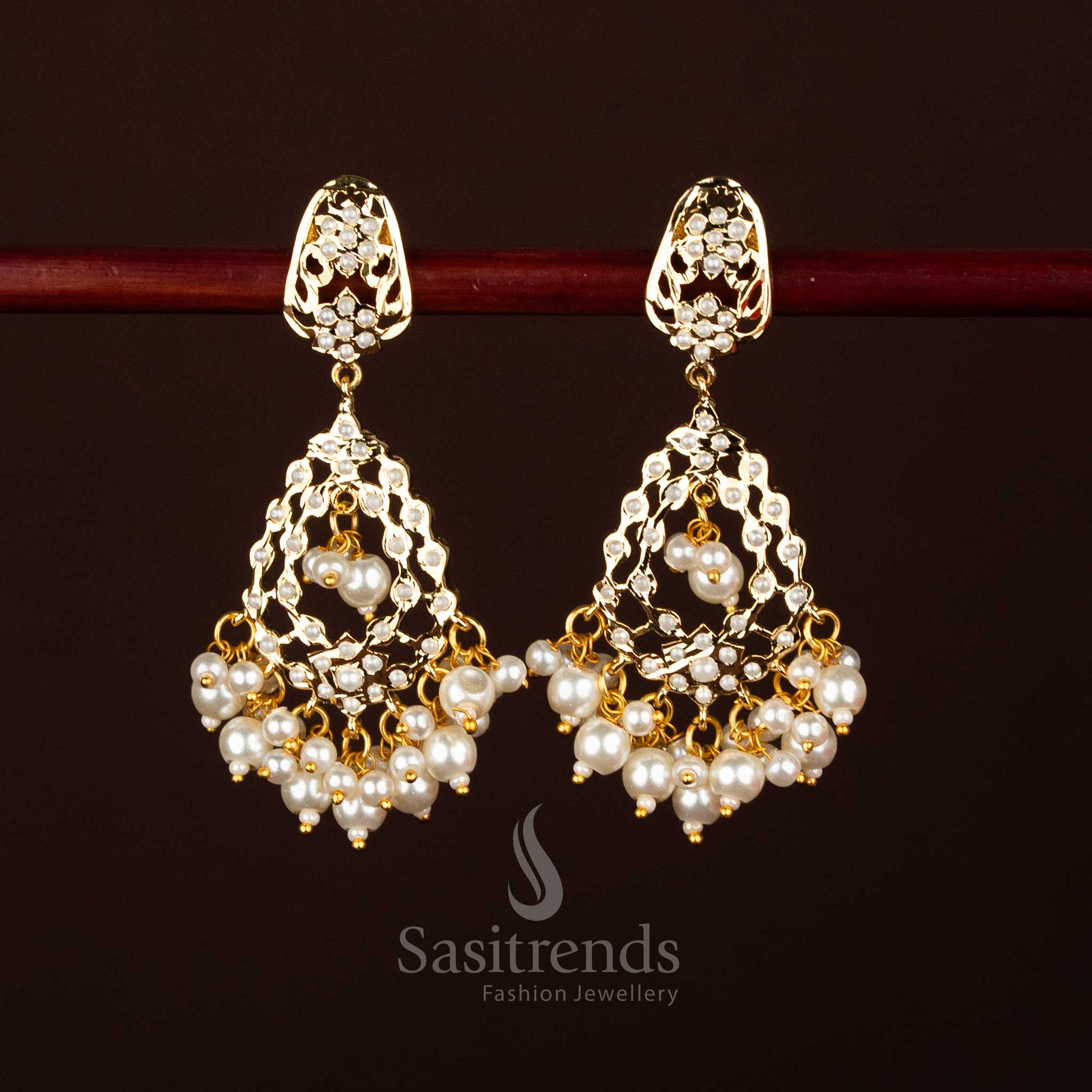 Charming pearl micro gold plated Jadau kite stud with pearl drop triangle dangler for graceful celebrations – Sasitrends