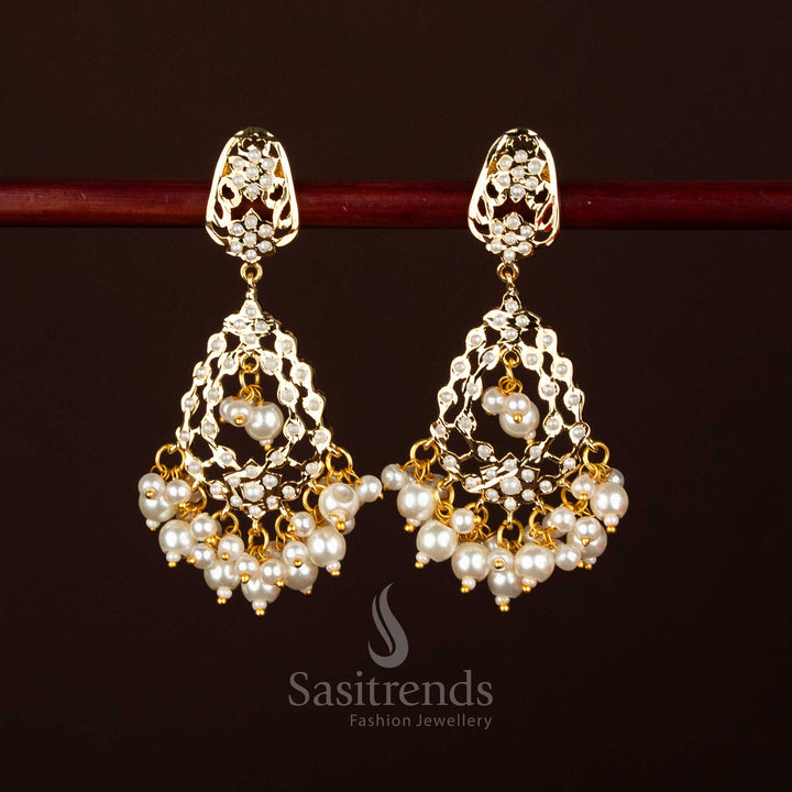 Charming pearl micro gold plated Jadau kite stud with pearl drop triangle dangler for graceful celebrations – Sasitrends