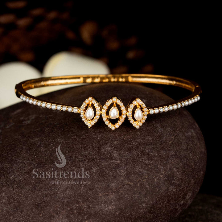 Ethereal Guaranteed Micro Gold Plated American Diamond & Pearl Marquise Oval Openable Bracelet Bangle for Festive & Party Styling