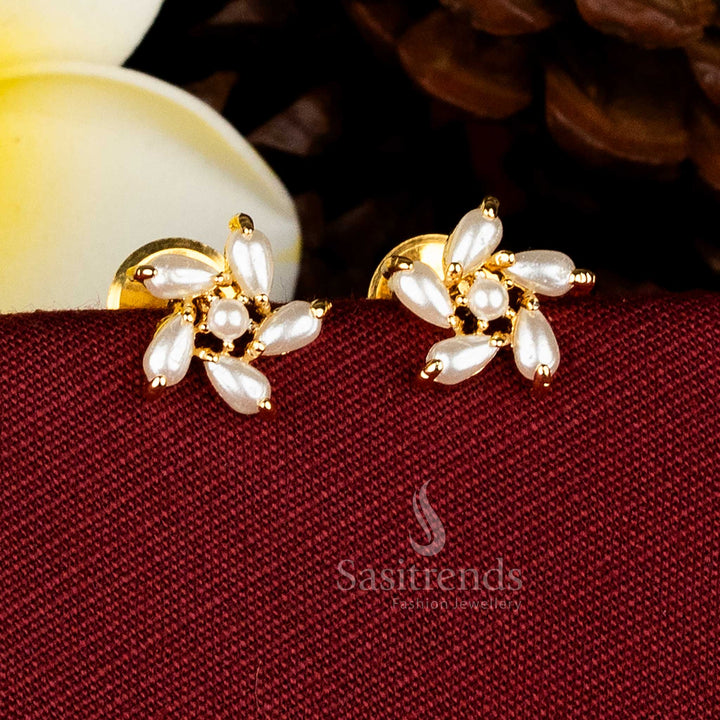 Graceful Micro Gold Plated AD Drop-Shape Pearl Flower Stud Earrings for Celebration Styling & Charming Gifting