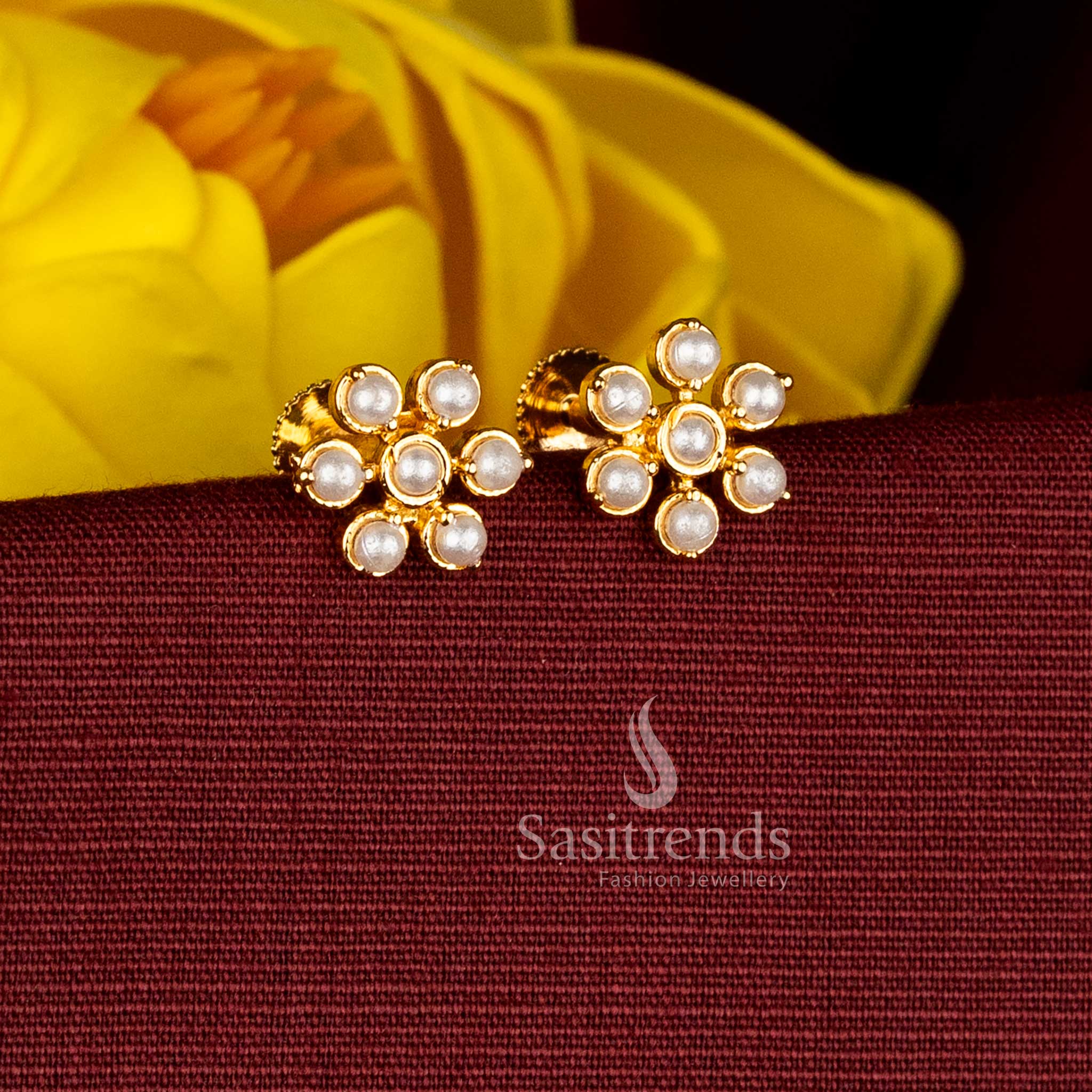 Exquisite pearl micro gold plated AD floral round stud earrings ideal for wedding events, festive occasions, and heritage-inspired traditional dressing - Sasitrends