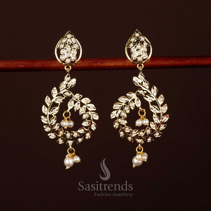 Graceful Micro Gold Plated Punjabi Jadau Teardrop Stud with Leaf Wreath Dangler and Pearl Drops Engagements & Festival Celebrations