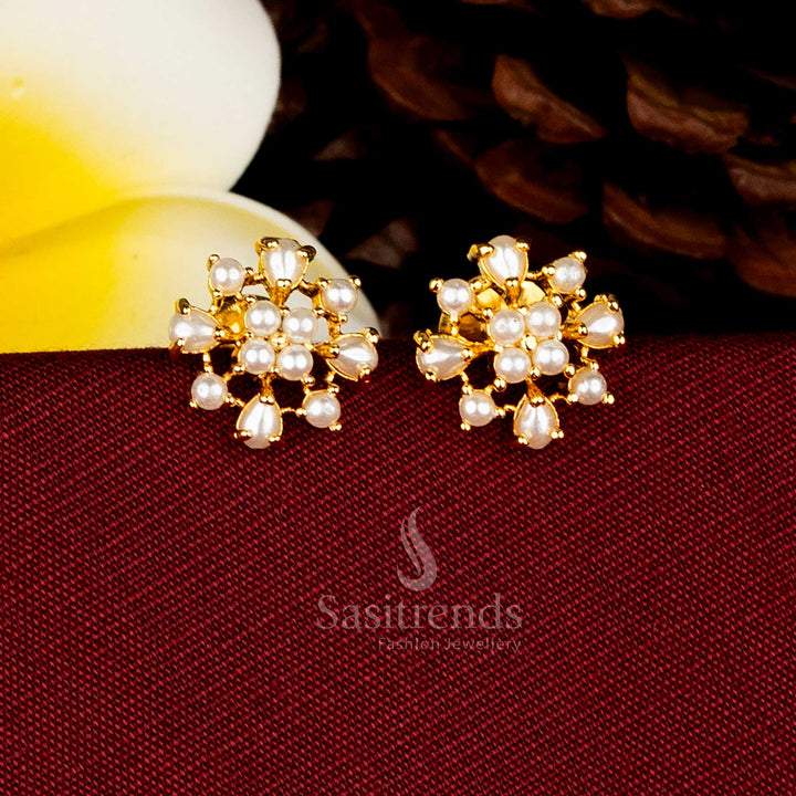 Celestia Micro Gold Plated Starburst Floral Pearl AD Stone Teardrop Stud Earrings for Engagement & Celebration Styling