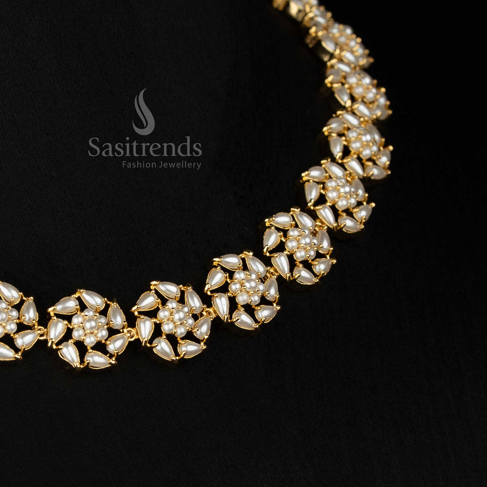 Pearl GlowFlora American diamond micro gold plated circle teardrop necklace set suited for elegant parties and sophisticated evening outings - Sasitrends