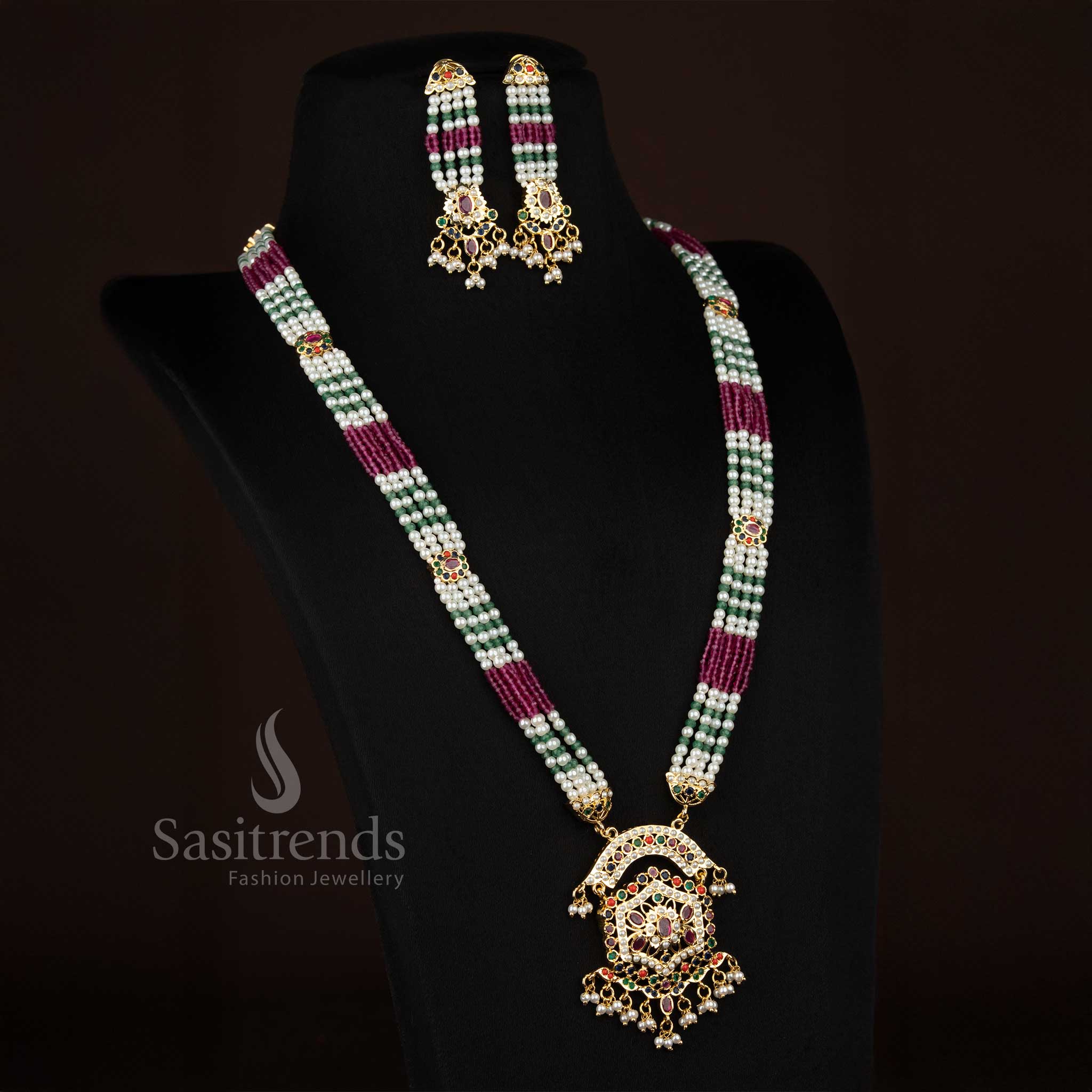 Elegant pearl navarathna American Diamond arch hexagonal pendant pearl long necklace for cultural evenings - Sasitrends