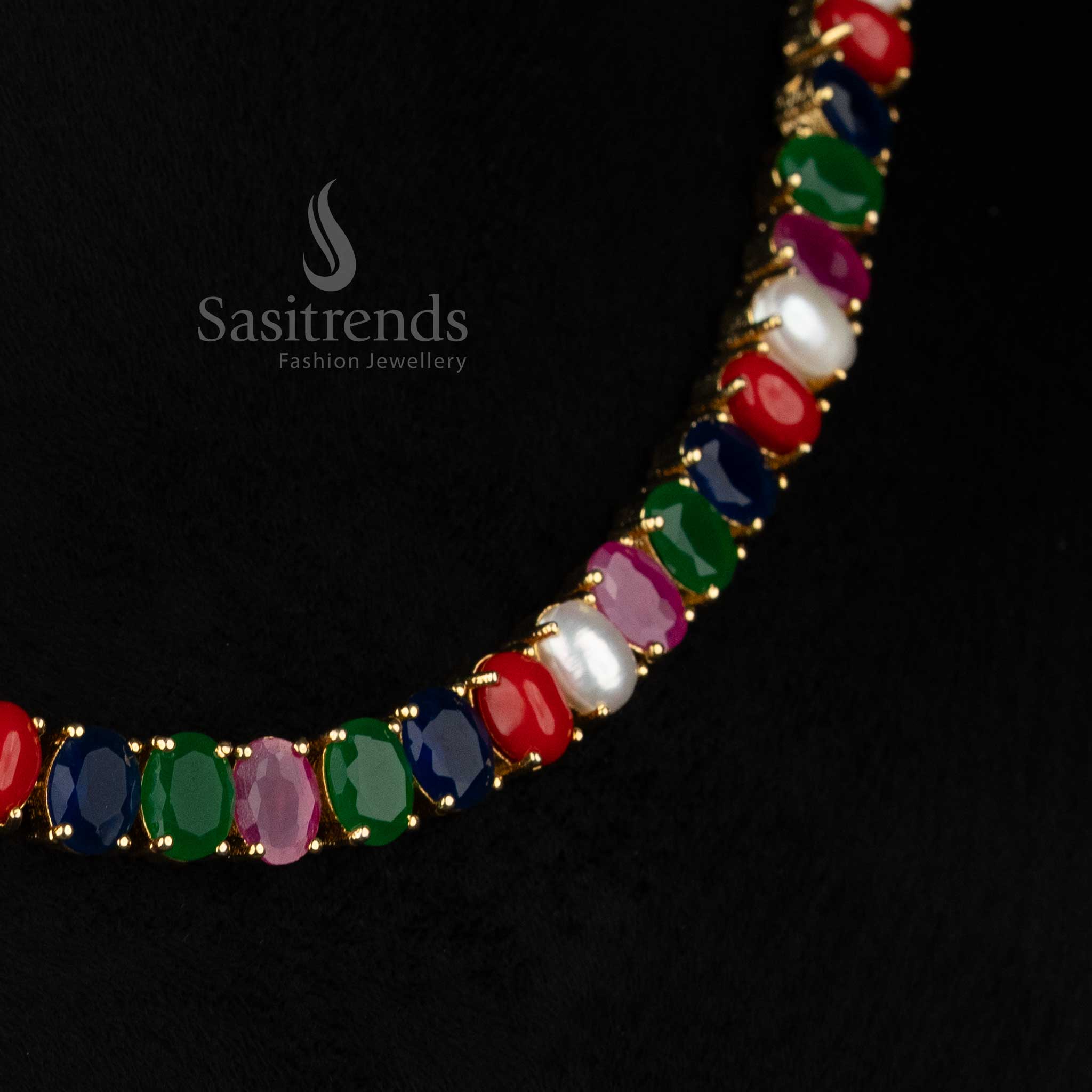 Pearl Navarathna American diamond micro gold plated oval necklace curated for evening events and stylish social outings - Sasitrends