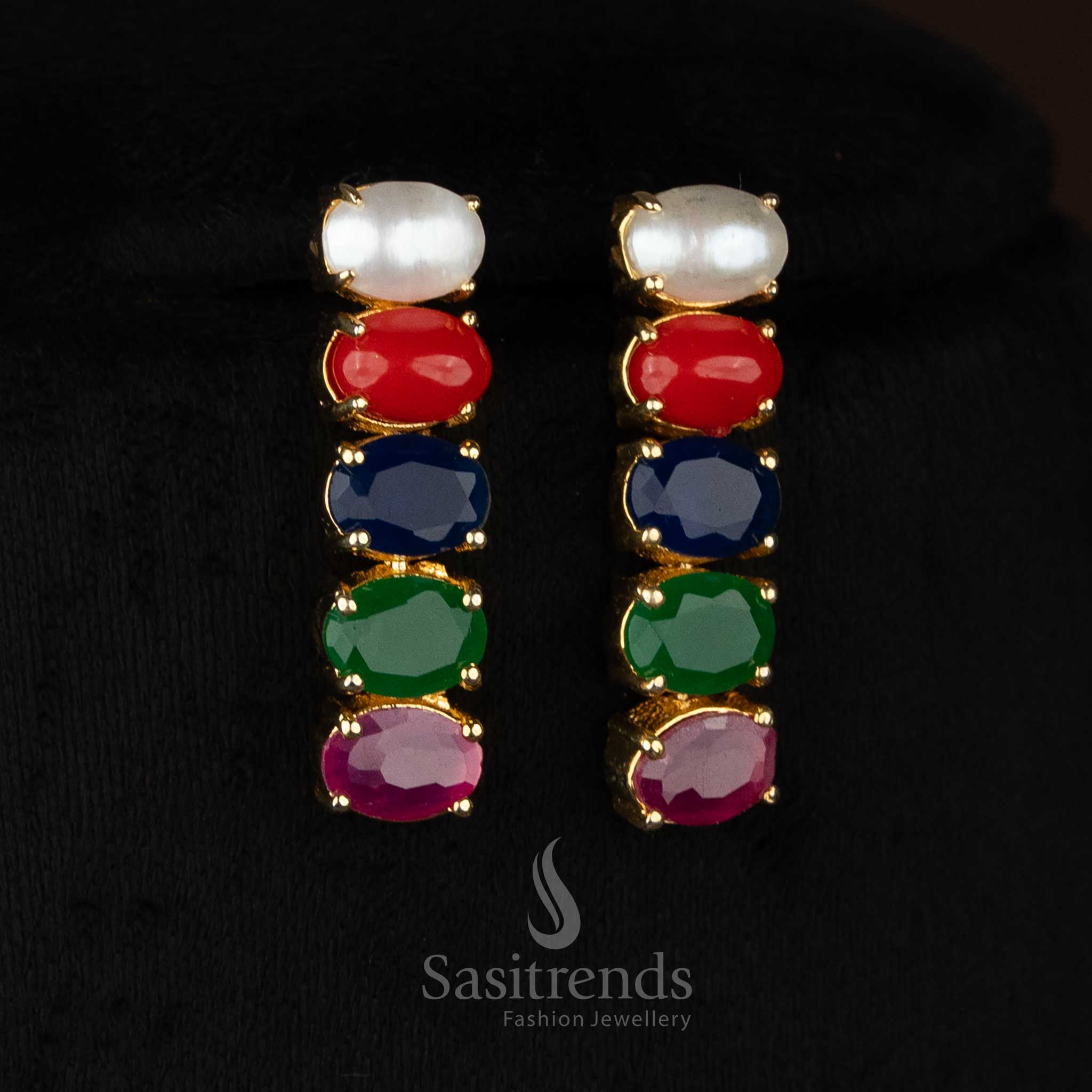 Pearl Navarathna RainbowTwist American diamond micro gold plated oval dangle earrings perfect for evening glam and social gatherings - Sasitrends
