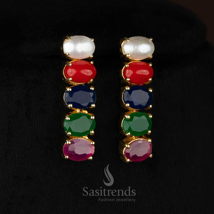 Pearl Navarathna RainbowTwist American diamond micro gold plated oval dangle earrings perfect for evening glam and social gatherings - Sasitrends