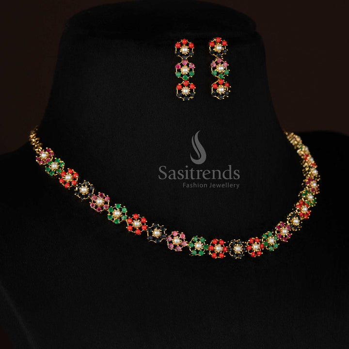 Beautiful American Diamond Micro Gold Plated Round Floral Necklace Jewellery Set with Pearl Accents for Party Evenings & Stylish Gatherings