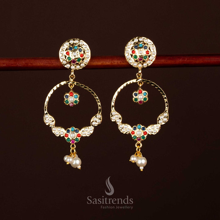 Charming Micro Gold Plated Punjabi Jadau Round Floral Stud with Crescent Moon Hoop Dangler and Pearl Drops - Festive & Wedding Occasions