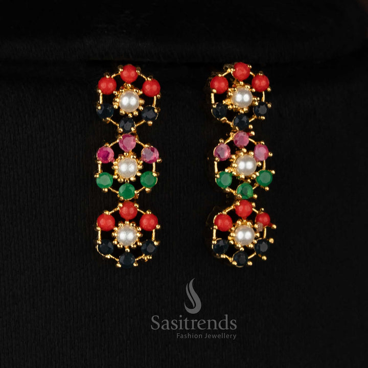 Pearl Navarathna OpulentCharm American diamond micro gold plated floral drop earrings ideal for celebration nights and elegant social occasions - Sasitrends