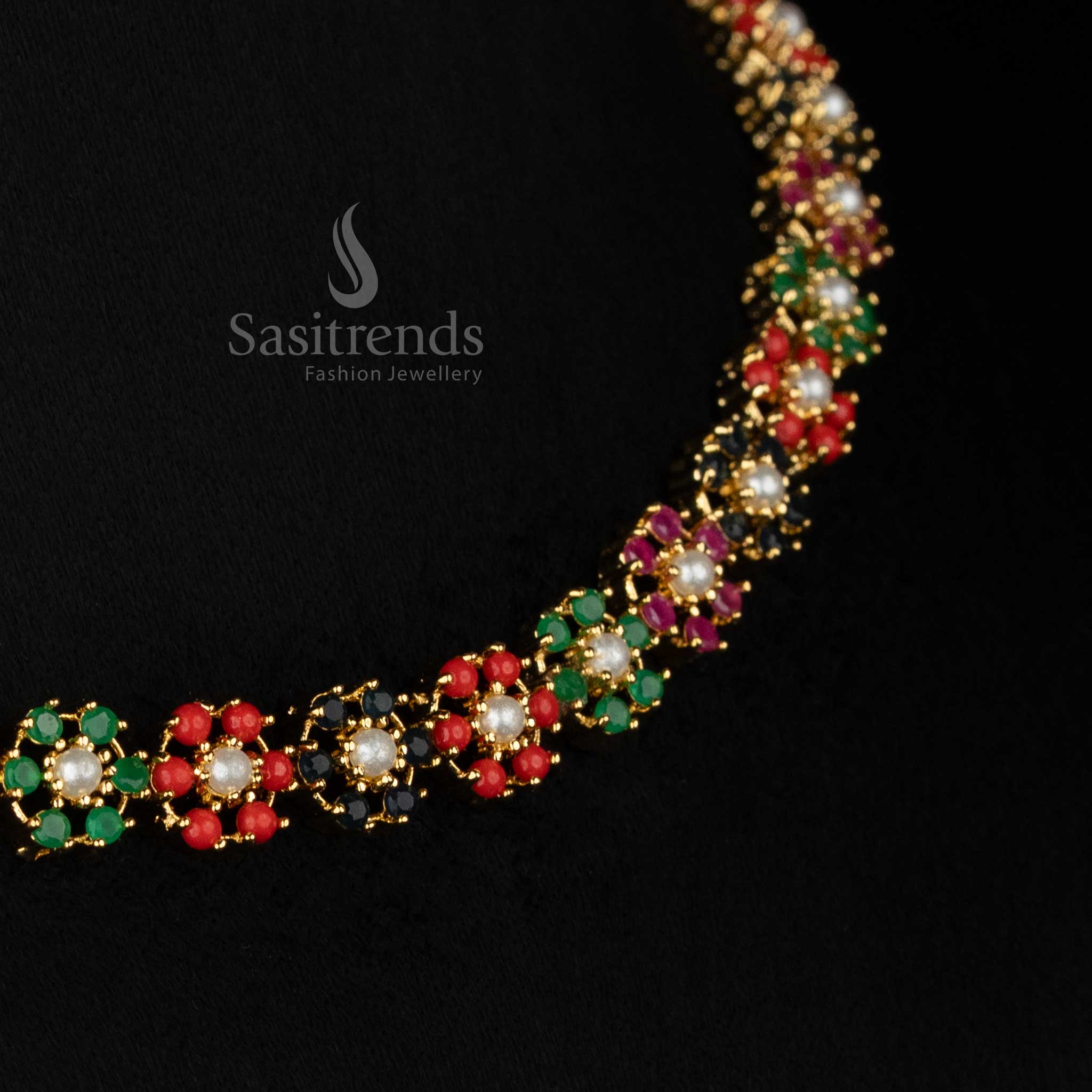 Pearl Navarathna OpulentPetal American diamond micro gold plated floral round necklace set perfect for party nights and refined festive styling - Sasitrends
