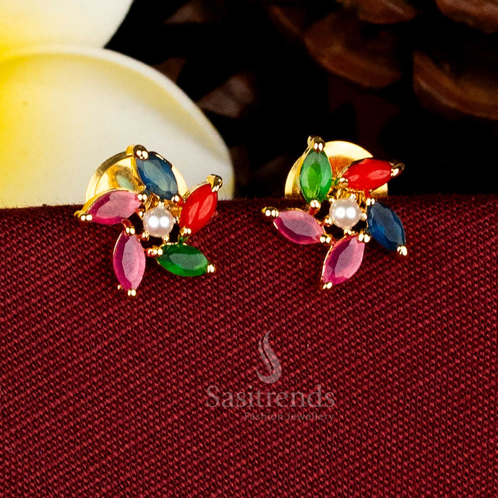 Navarathna pearl AD flower drop stud earrings micro gold plated designed for colourful events – Sasitrends