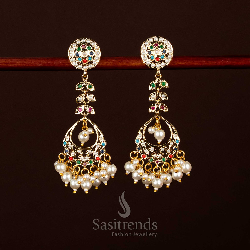 Alluring pearl Navarathna Punjabi Jadau leaf dangler earrings micro gold plated for multicolour festive elegance – Sasitrends