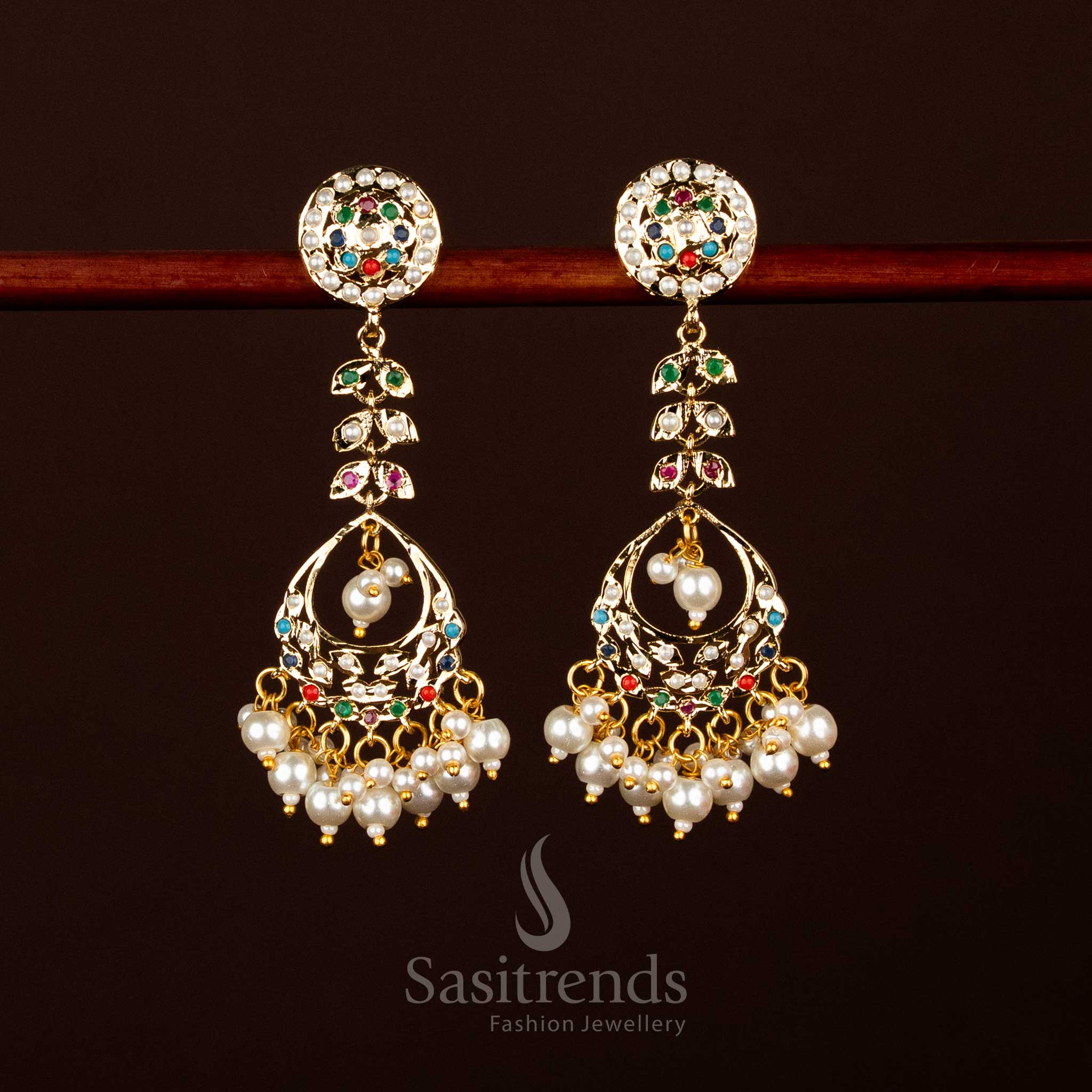 Alluring pearl Navarathna Punjabi Jadau leaf dangler earrings micro gold plated for multicolour festive elegance – Sasitrends
