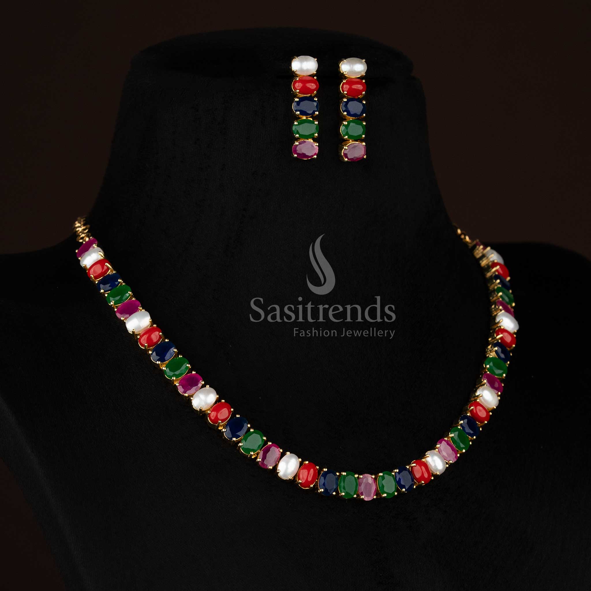 Pearl Navarathna MulticolorLustre American diamond micro gold plated oval necklace perfect for party evenings and refined gatherings - Sasitrends