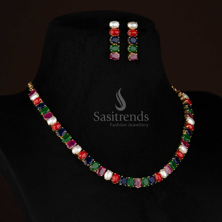 Pearl Navarathna MulticolorLustre American diamond micro gold plated oval necklace perfect for party evenings and refined gatherings - Sasitrends