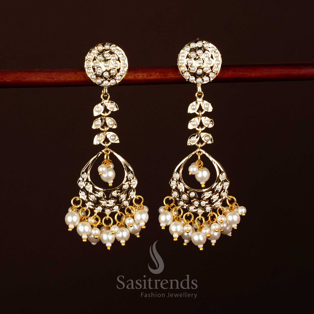 Majestic pearl Punjabi Jadau leaf dangler earrings with pearl drops 24K micro gold plated elegance – Sasitrends