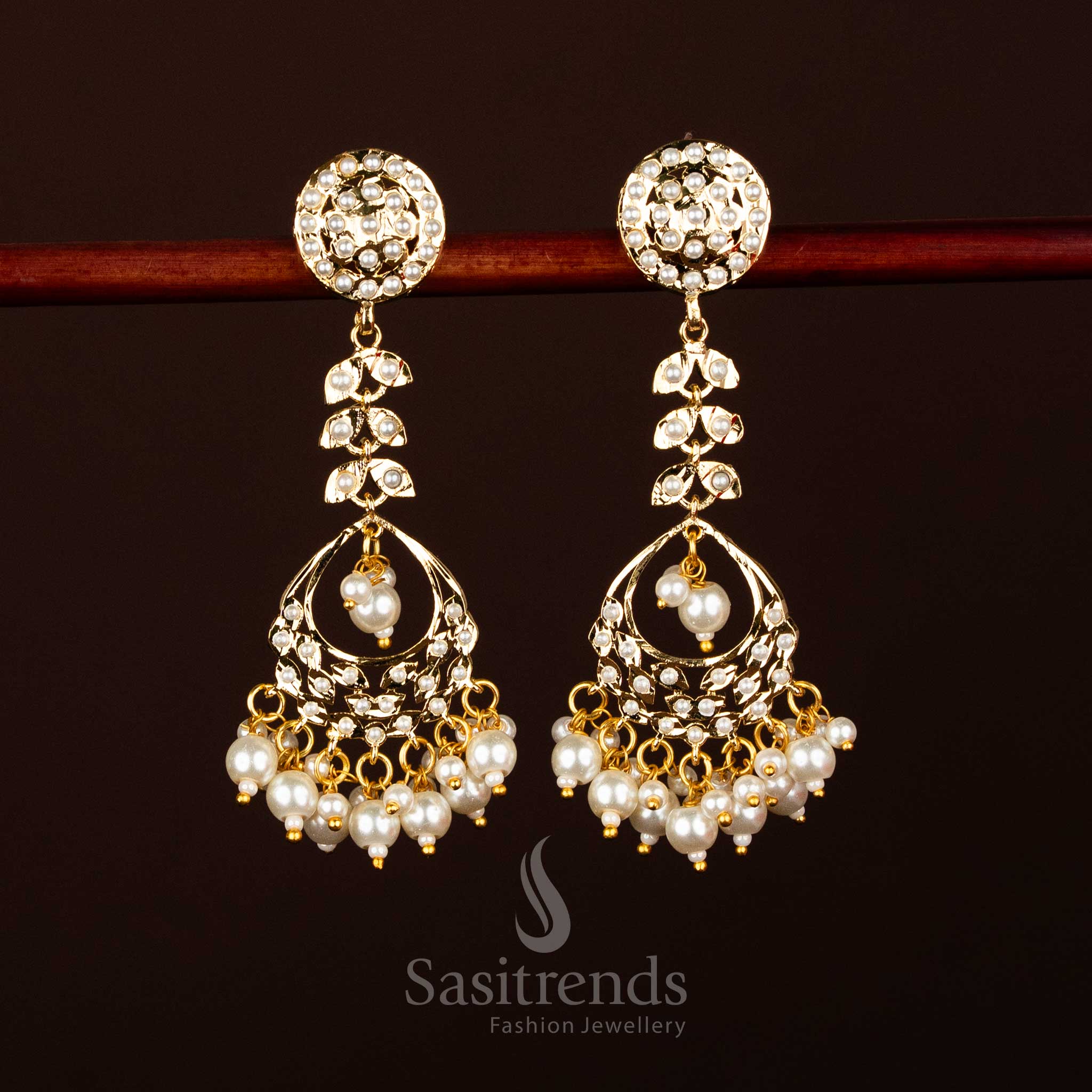 Majestic pearl Punjabi Jadau leaf dangler earrings with pearl drops 24K micro gold plated elegance – Sasitrends