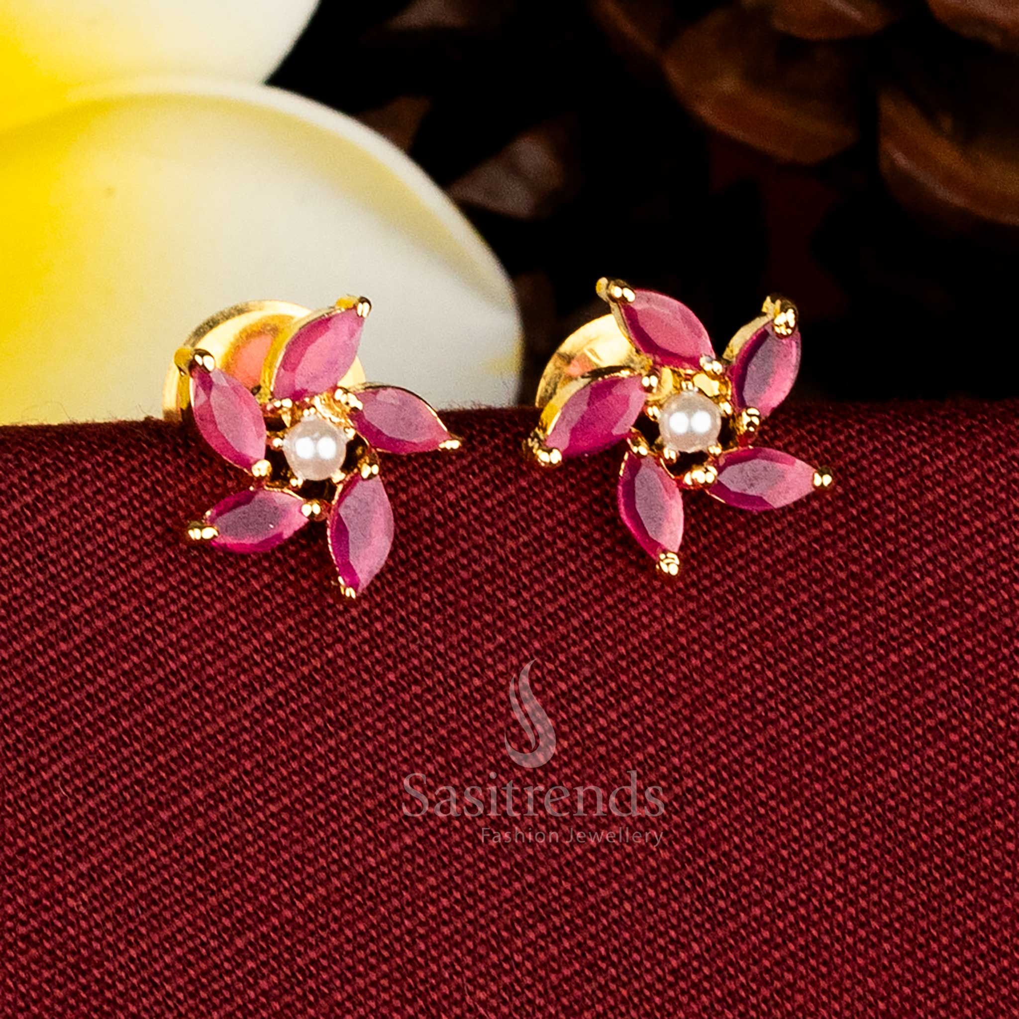Pearl ruby drop flower stud earrings micro gold plated with AD sparkle for celebration charm – Sasitrends