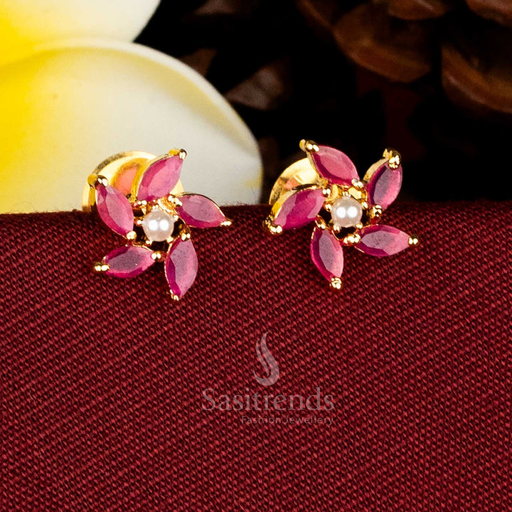Pearl ruby drop flower stud earrings micro gold plated with AD sparkle for celebration charm – Sasitrends