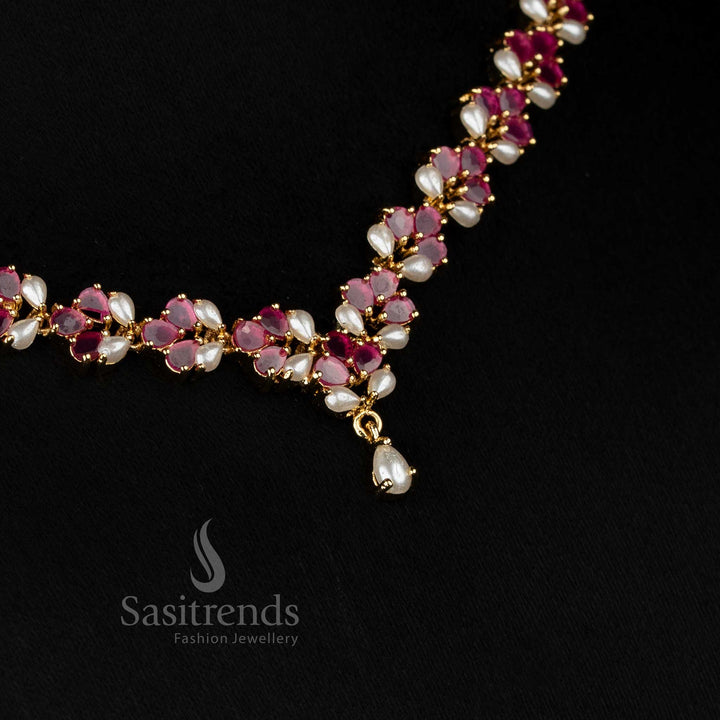 Pearl ruby American diamond micro gold plated floral pearl necklace set curated for refined celebrations and elegant night events - Sasitrends