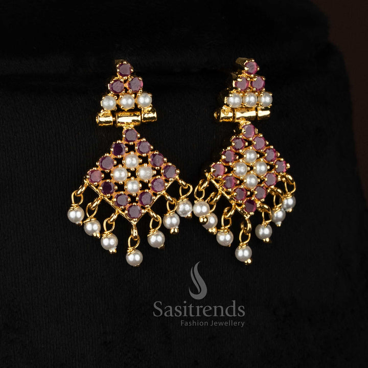 Pearl ruby RubyMatrix American diamond micro gold plated square hanging earrings perfect for premium party wear and festive occasions - Sasitrends