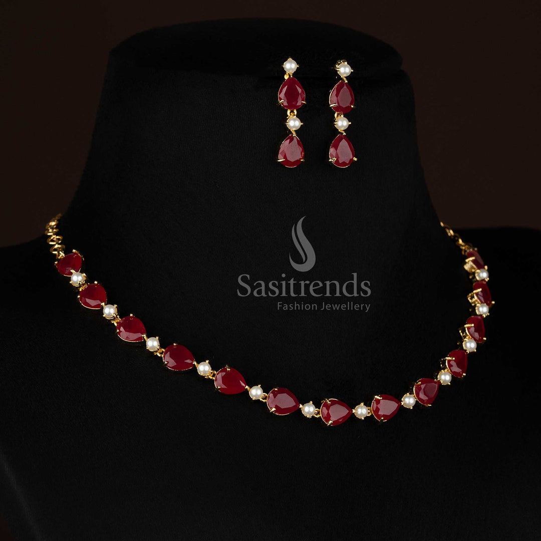 Pearl ruby CrimsonGleam American diamond micro gold plated round and teardrop pearl necklace set curated for evening celebrations and style gatherings - Sasitrends