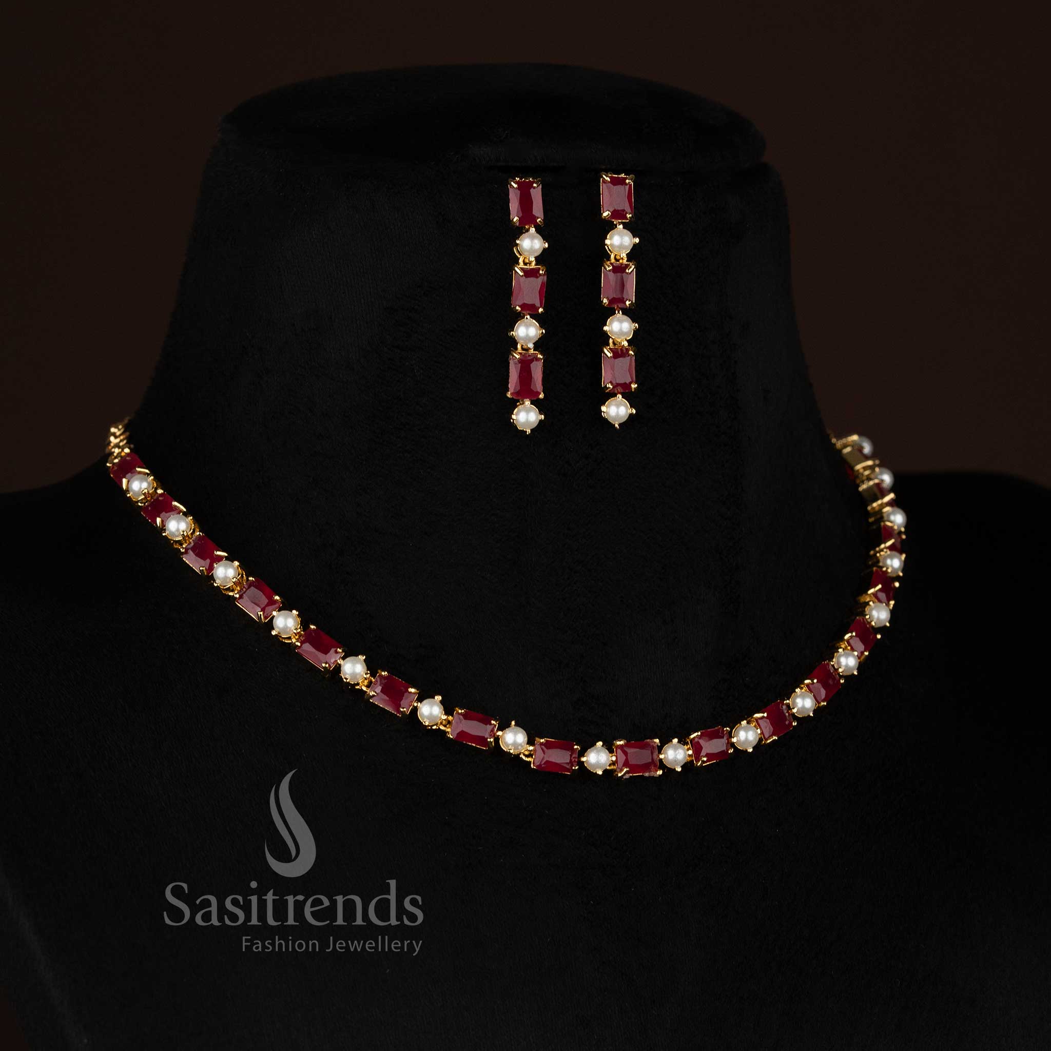 Pearl ruby RoyalMatrix American diamond micro gold plated rectangular pearl necklace set created for elegant celebrations and night-time glamour - Sasitrends