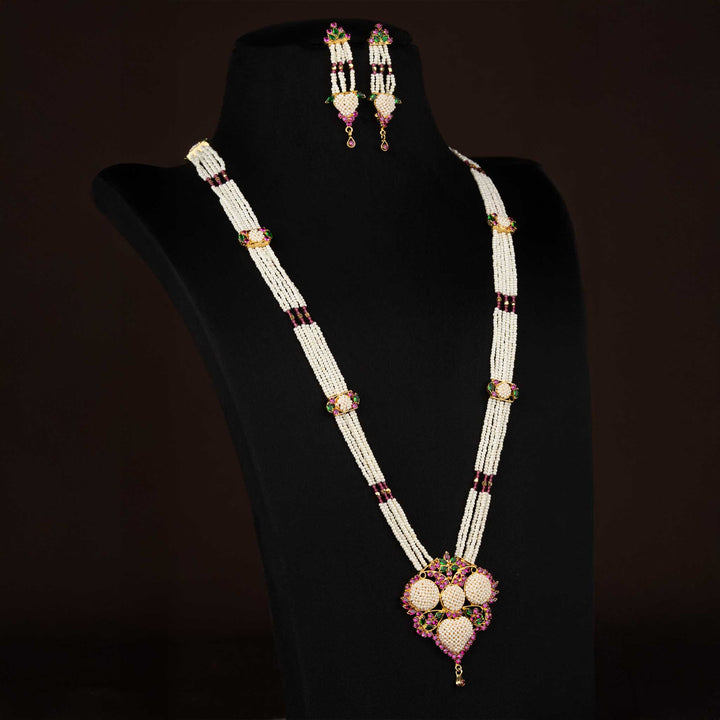 American Diamond Micro Gold Plated Butterfly Wings Circular Pearl Long Necklace Set for Style Showcases & Elegant Outings