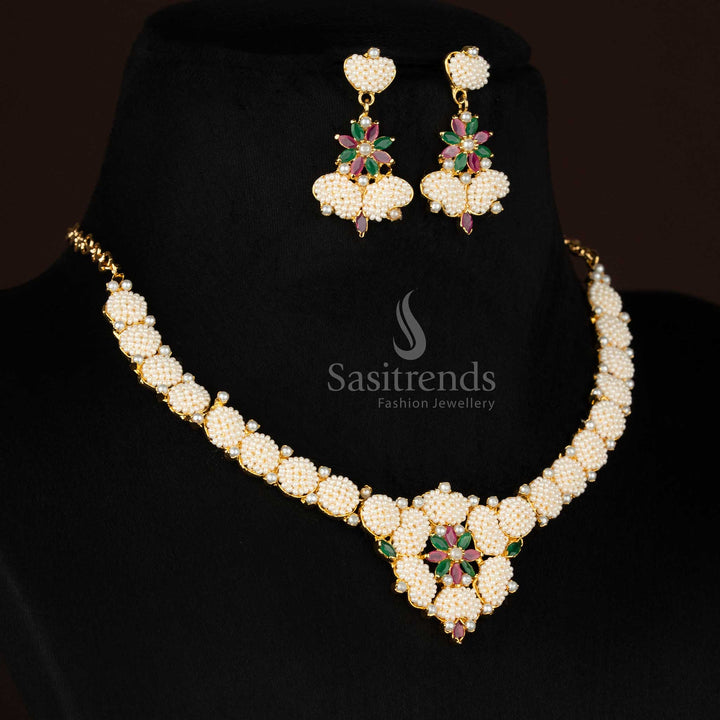 Dazzling American Diamond Micro Gold Plated Circular Pearl Cluster Floral Necklace Set for Festive Styling