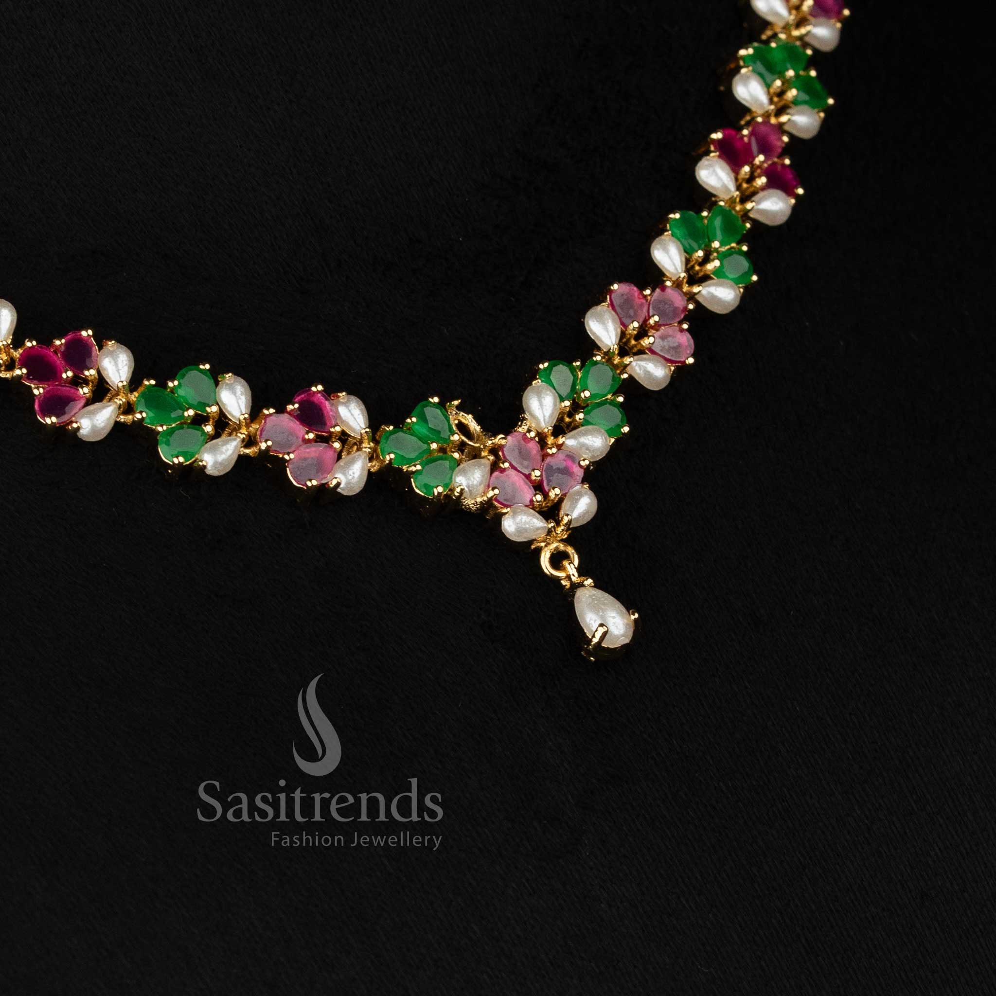 Pearl ruby green GardenElegance American diamond micro gold plated floral pearl necklace set styled for premium parties and refined occasions - Sasitrends