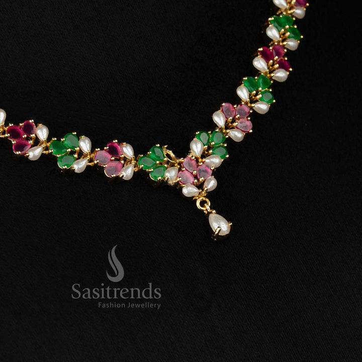 Pearl ruby green GardenElegance American diamond micro gold plated floral pearl necklace set styled for premium parties and refined occasions - Sasitrends